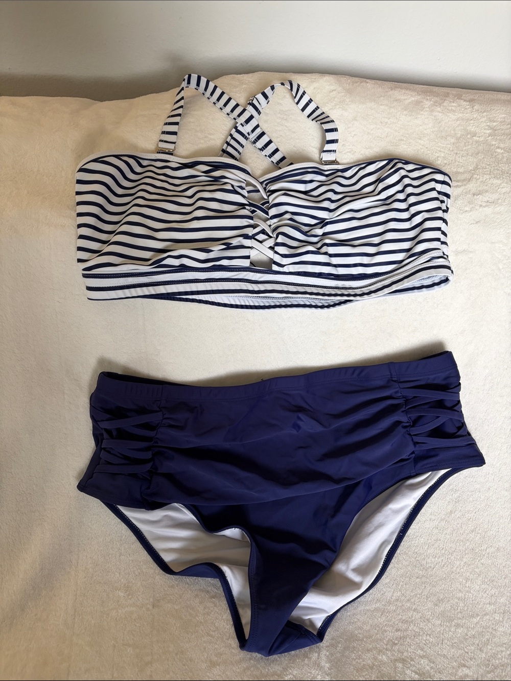 Amazon Navy and White Striped Bandeau Bikini Set